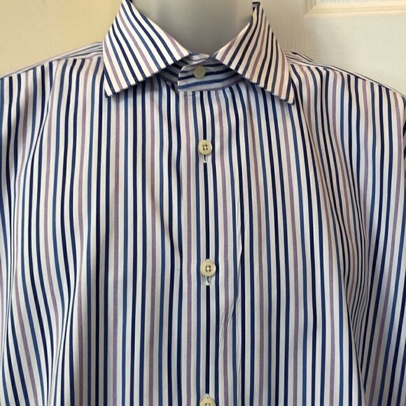 David Donahue Trim Dress shirt button down Men’s 17 34/35 White navy lavender - Picture 2 of 12